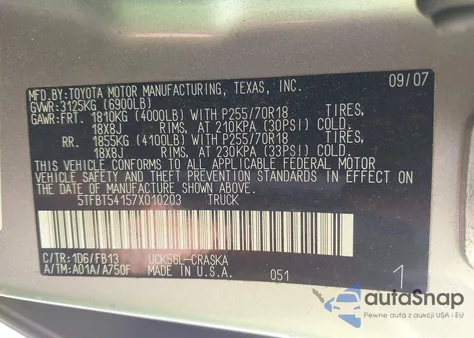 2007 Toyota Tundra Sr5 4.7L V8 из США, поврежденный, VIN 5TFBT54157X010203